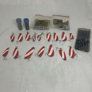 Vintage Lot of 16 Spoon Fishing Lures Red White Removable Split Shot Weights